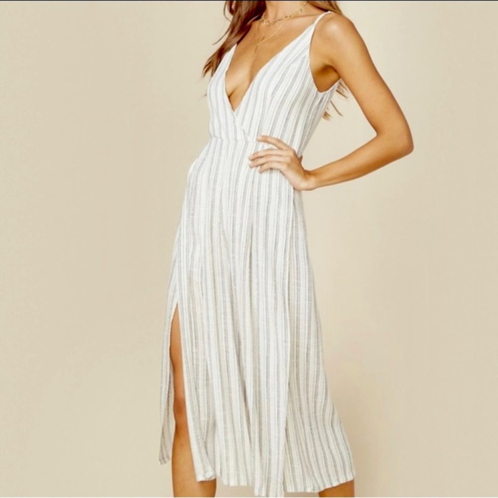 Blue Life Cream and White Striped V-Neck Jumpsuit Romper